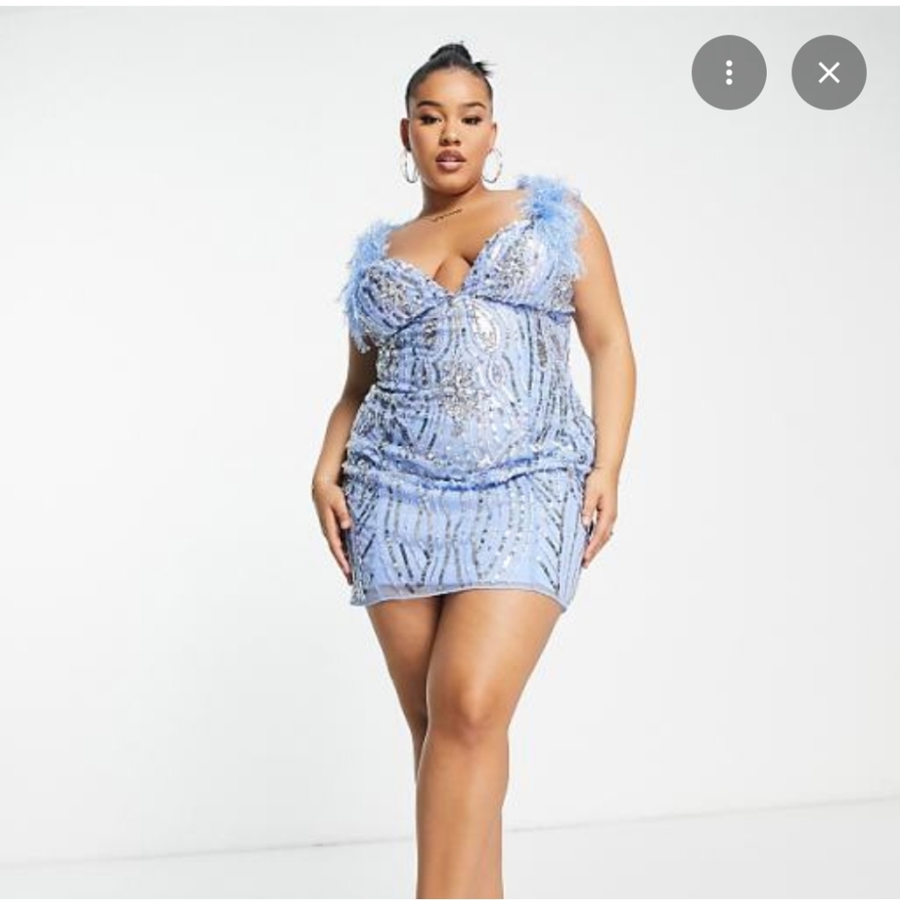 ASOS Curve | Luxe Embellished Gemstone Sequin Mini Dress With Feathers - Picture 3 of 8